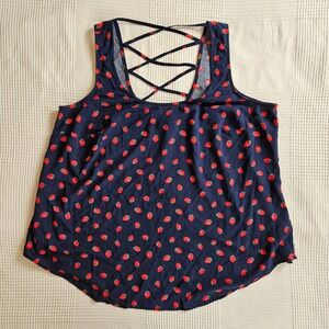 Torrid Strawberry Print AOP Lattice Back Tank Top Black Whimsical Rayon Size 1X